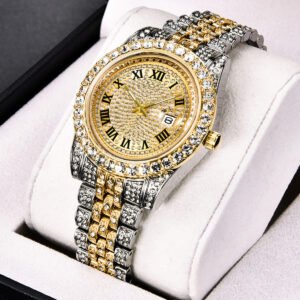 A07649 Vintage Rhinestone-Encrusted Roman Numeral Dial Quartz Watch with Maroon Face & -Accented Stainless Steel/Zinc Alloy Band – Unisex Analog Watch for Women & Men, Casual & Formal Occasions, Vintage Watch, Formal Timepiece, Peacock Dial Design, Sparkling Encrusted Crystals