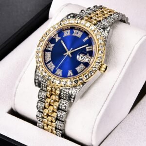 A07649 Vintage Rhinestone-Encrusted Roman Numeral Dial Quartz Watch with Maroon Face & -Accented Stainless Steel/Zinc Alloy Band – Unisex Analog Watch for Women & Men, Casual & Formal Occasions, Vintage Watch, Formal Timepiece, Peacock Dial Design, Sparkling Encrusted Crystals