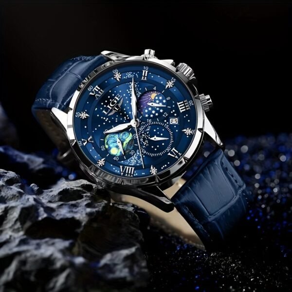 LIGE Luxury Quartz Chronograph Watch with Luminous Hands - Elegant Round Alloy Case, Blue Dial with Roman Numerals, Starry Night Design, Button Battery, Faux Leather Strap, Stylish Accessory|Starry Night Design|Luminous Hands - Image 5