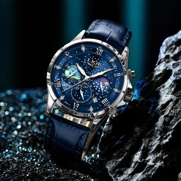 LIGE Luxury Quartz Chronograph Watch with Luminous Hands - Elegant Round Alloy Case, Blue Dial with Roman Numerals, Starry Night Design, Button Battery, Faux Leather Strap, Stylish Accessory|Starry Night Design|Luminous Hands - Image 7