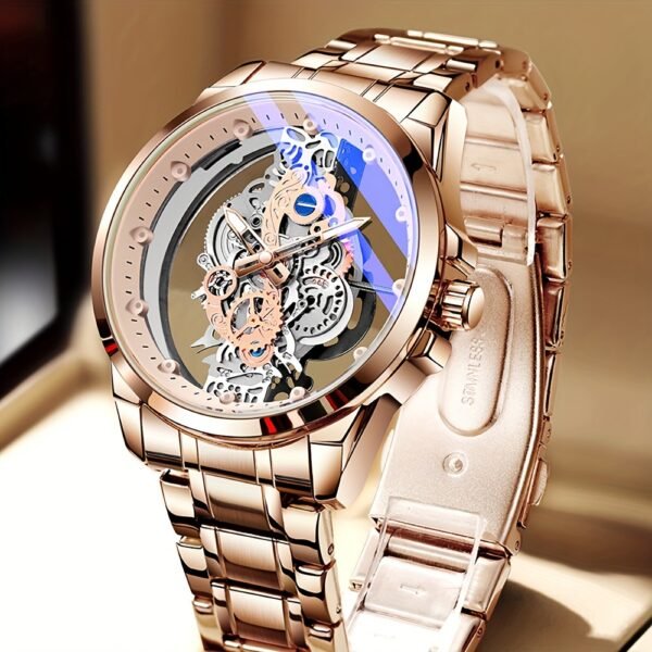 TPW Men's Rose Golden Skeleton Luminous Quartz Watch - Glamorous Luxury Wristwatch with Exposed Movement, Comfortable Metal Band, Father's Day Gift for Him, Luxury Men's Watch | Romantic Watch Design | Rose Golden Finish - Image 5