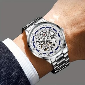 Dianpai Men’S Luxury Automatic Mechanical Watch – Skeleton Design, Stainless Steel Strap, Blue & White Dial, Mechanical Movement, Ideal for Christmas, Thanksgiving, and Spring Festival, Without Battery