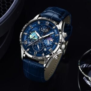 LIGE Luxury Quartz Chronograph Watch with Luminous Hands – Elegant Round Alloy Case, Blue Dial with Roman Numerals, Starry Night Design, Button Battery, Faux Leather Strap, Stylish Accessory|Starry Night Design|Luminous Hands