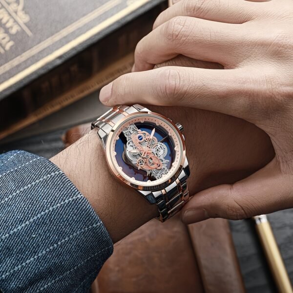 TPW Men's Rose Golden Skeleton Luminous Quartz Watch - Glamorous Luxury Wristwatch with Exposed Movement, Comfortable Metal Band, Father's Day Gift for Him, Luxury Men's Watch | Romantic Watch Design | Rose Golden Finish - Image 10