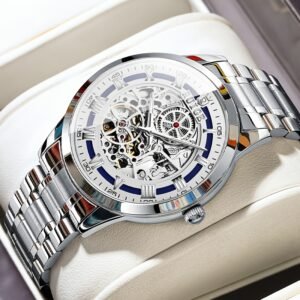 Dianpai Men’S Luxury Automatic Mechanical Watch – Skeleton Design, Stainless Steel Strap, Blue & White Dial, Mechanical Movement, Ideal for Christmas, Thanksgiving, and Spring Festival, Without Battery