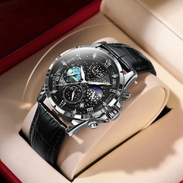 LIGE Luxury Quartz Chronograph Watch with Luminous Hands - Elegant Round Alloy Case, Blue Dial with Roman Numerals, Starry Night Design, Button Battery, Faux Leather Strap, Stylish Accessory|Starry Night Design|Luminous Hands - Image 9