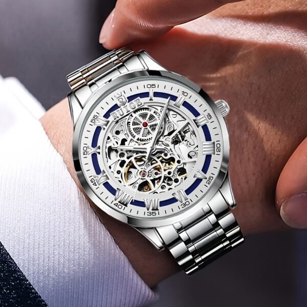 Dianpai Men'S Luxury Automatic Mechanical Watch - Skeleton Design, Stainless Steel Strap, Blue & White Dial, Mechanical Movement, Ideal for Christmas, Thanksgiving, and Spring Festival, Without Battery - Image 3