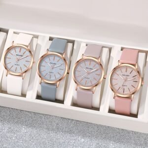 4pcs Elegant Quartz Wrist Watch Set for Women, Round Zinc Alloy Case with PU Leather Strap, Classic Pointer Display, Fashionable Simple Dial – Ideal Gift for Valentine’s Day, Easter, Birthdays, Eid Al-Adha