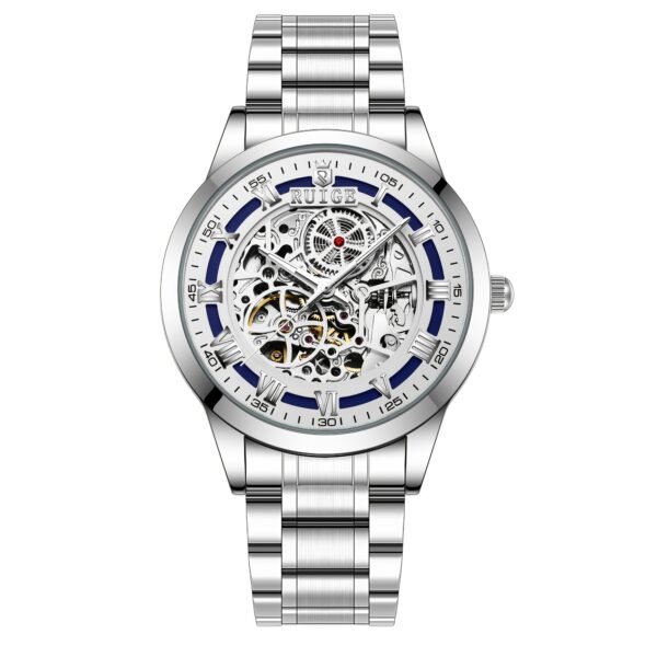 Dianpai Men'S Luxury Automatic Mechanical Watch - Skeleton Design, Stainless Steel Strap, Blue & White Dial, Mechanical Movement, Ideal for Christmas, Thanksgiving, and Spring Festival, Without Battery - Image 4