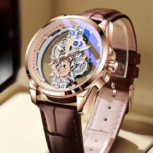 TPW Men’s Rose Golden Skeleton Luminous Quartz Watch – Glamorous Luxury Wristwatch with Exposed Movement, Comfortable Metal Band, Father’s Day Gift for Him, Luxury Men’s Watch | Romantic Watch Design | Rose Golden Finish