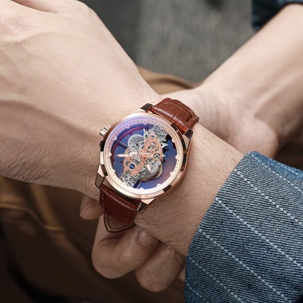 TPW Men's Rose Golden Skeleton Luminous Quartz Watch - Glamorous Luxury Wristwatch with Exposed Movement, Comfortable Metal Band, Father's Day Gift for Him, Luxury Men's Watch | Romantic Watch Design | Rose Golden Finish - Image 8