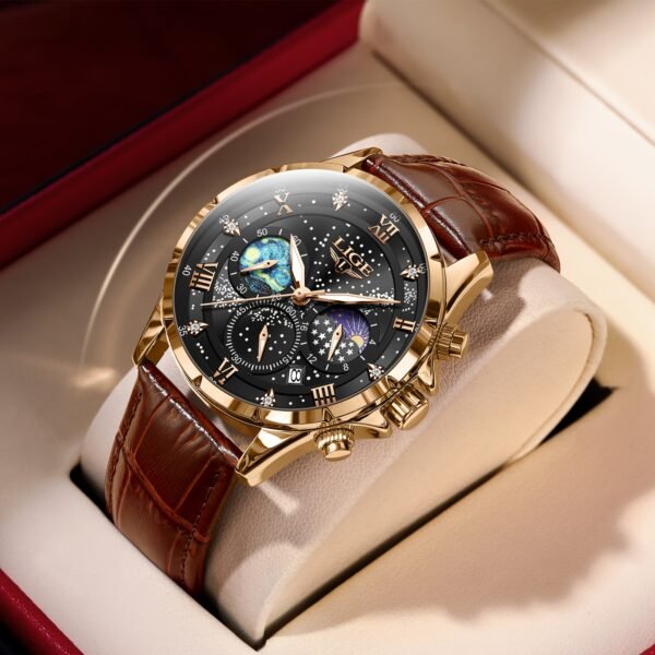 LIGE Luxury Quartz Chronograph Watch with Luminous Hands - Elegant Round Alloy Case, Blue Dial with Roman Numerals, Starry Night Design, Button Battery, Faux Leather Strap, Stylish Accessory|Starry Night Design|Luminous Hands - Image 4