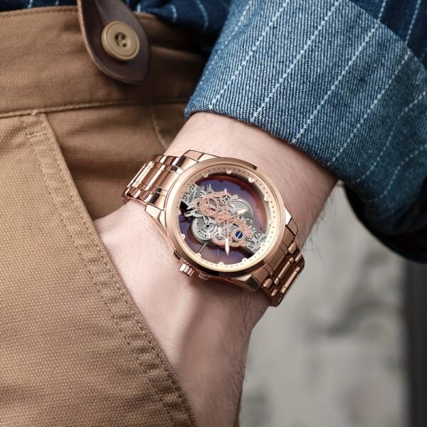 TPW Men's Rose Golden Skeleton Luminous Quartz Watch - Glamorous Luxury Wristwatch with Exposed Movement, Comfortable Metal Band, Father's Day Gift for Him, Luxury Men's Watch | Romantic Watch Design | Rose Golden Finish - Image 4