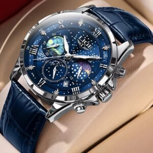 LIGE Luxury Quartz Chronograph Watch with Luminous Hands – Elegant Round Alloy Case, Blue Dial with Roman Numerals, Starry Night Design, Button Battery, Faux Leather Strap, Stylish Accessory|Starry Night Design|Luminous Hands