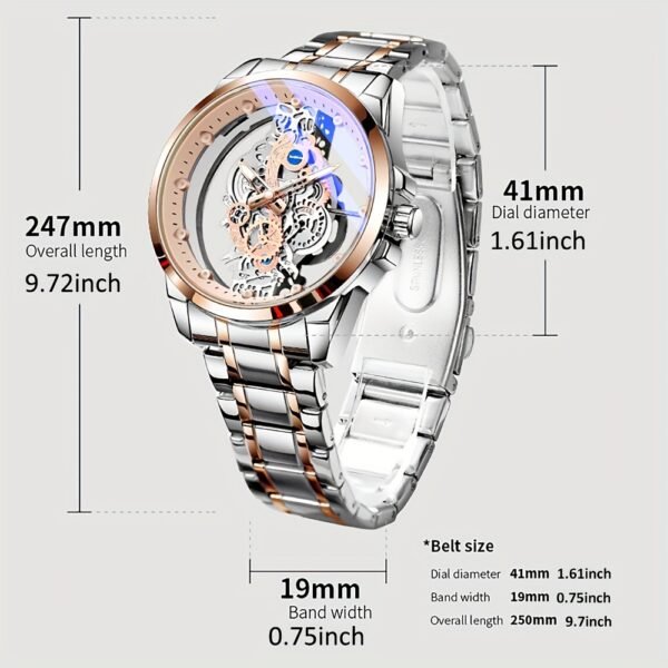 TPW Men's Rose Golden Skeleton Luminous Quartz Watch - Glamorous Luxury Wristwatch with Exposed Movement, Comfortable Metal Band, Father's Day Gift for Him, Luxury Men's Watch | Romantic Watch Design | Rose Golden Finish - Image 6
