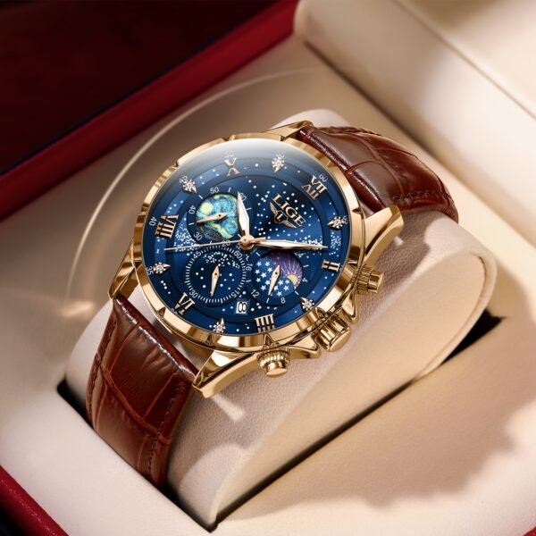 LIGE Luxury Quartz Chronograph Watch with Luminous Hands - Elegant Round Alloy Case, Blue Dial with Roman Numerals, Starry Night Design, Button Battery, Faux Leather Strap, Stylish Accessory|Starry Night Design|Luminous Hands - Image 6