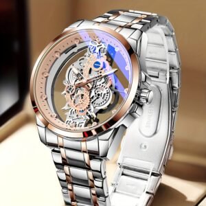 TPW Men’s Rose Golden Skeleton Luminous Quartz Watch – Glamorous Luxury Wristwatch with Exposed Movement, Comfortable Metal Band, Father’s Day Gift for Him, Luxury Men’s Watch | Romantic Watch Design | Rose Golden Finish