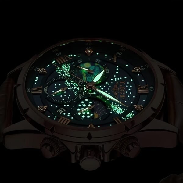 LIGE Luxury Quartz Chronograph Watch with Luminous Hands - Elegant Round Alloy Case, Blue Dial with Roman Numerals, Starry Night Design, Button Battery, Faux Leather Strap, Stylish Accessory|Starry Night Design|Luminous Hands - Image 3