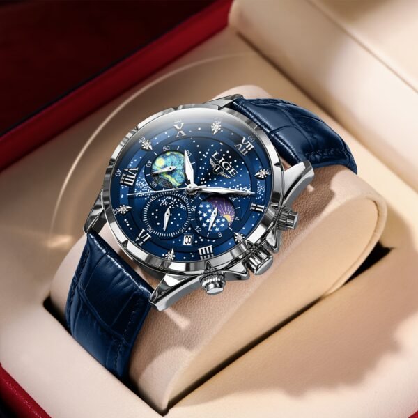 LIGE Luxury Quartz Chronograph Watch with Luminous Hands - Elegant Round Alloy Case, Blue Dial with Roman Numerals, Starry Night Design, Button Battery, Faux Leather Strap, Stylish Accessory|Starry Night Design|Luminous Hands - Image 8