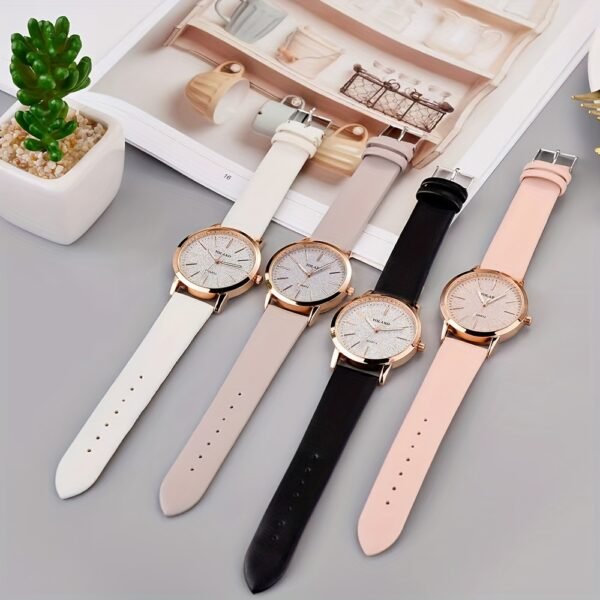 4pcs Elegant Quartz Wrist Watch Set for Women, Round Zinc Alloy Case with PU Leather Strap, Classic Pointer Display, Fashionable Simple Dial - Ideal Gift for Valentine's Day, Easter, Birthdays, Eid Al-Adha - Image 4